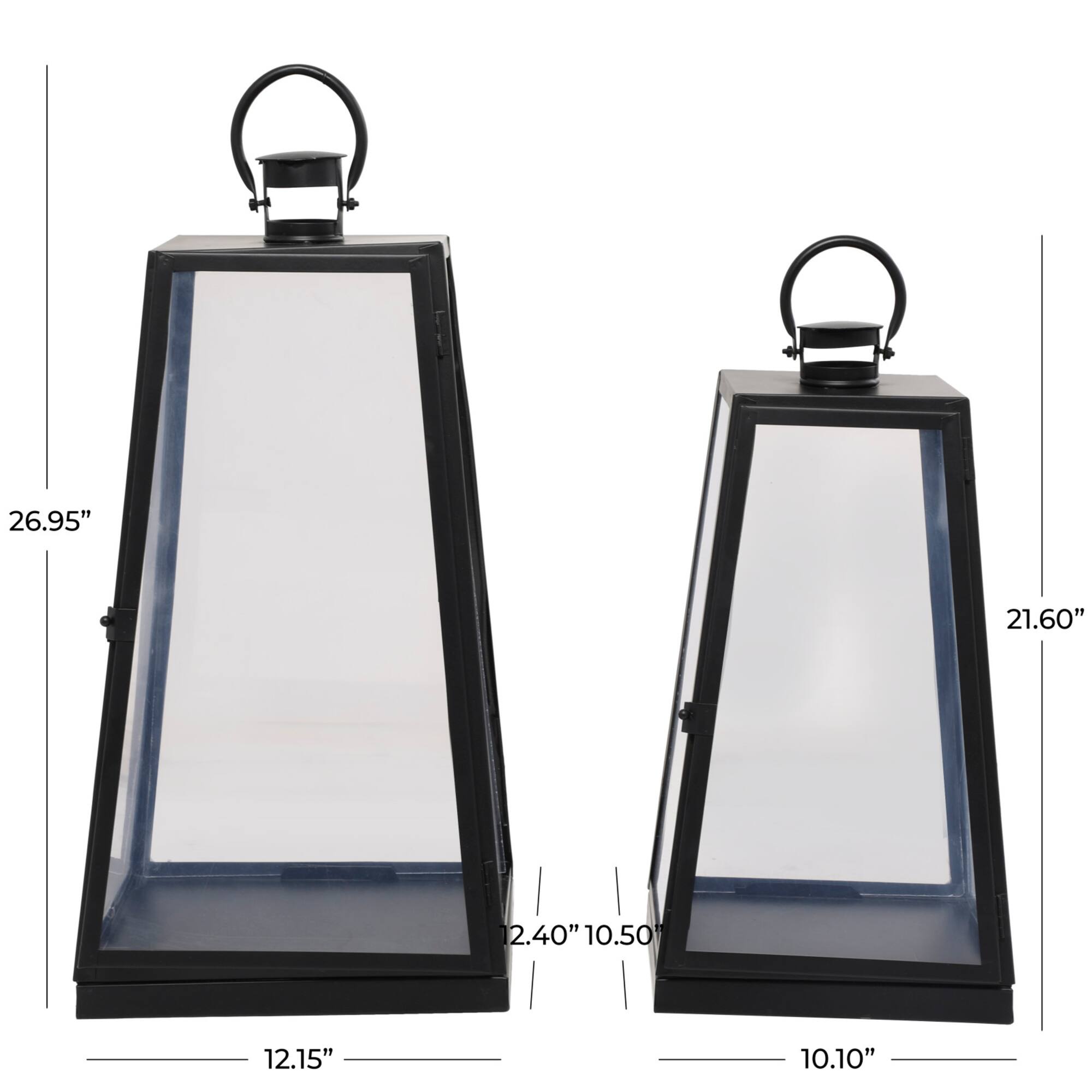 Tall Black Minimalist Metal Candle Lantern Set with Ring Handles